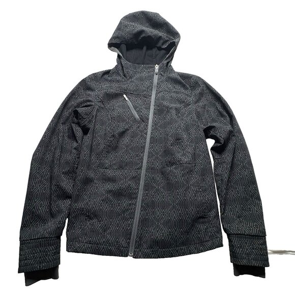 COLUMBIA Women Hooded Diamond Print Coat Softshell Asym Zipper Sz M Gray 18-15 - Picture 4 of 14